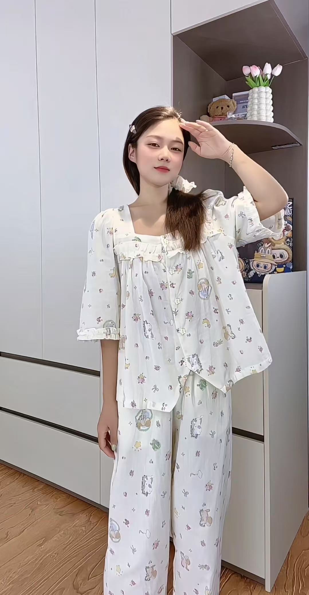 （碎花狗）夏季可爱显瘦宽松减龄中袖睡衣家居服韩版可外穿纯棉