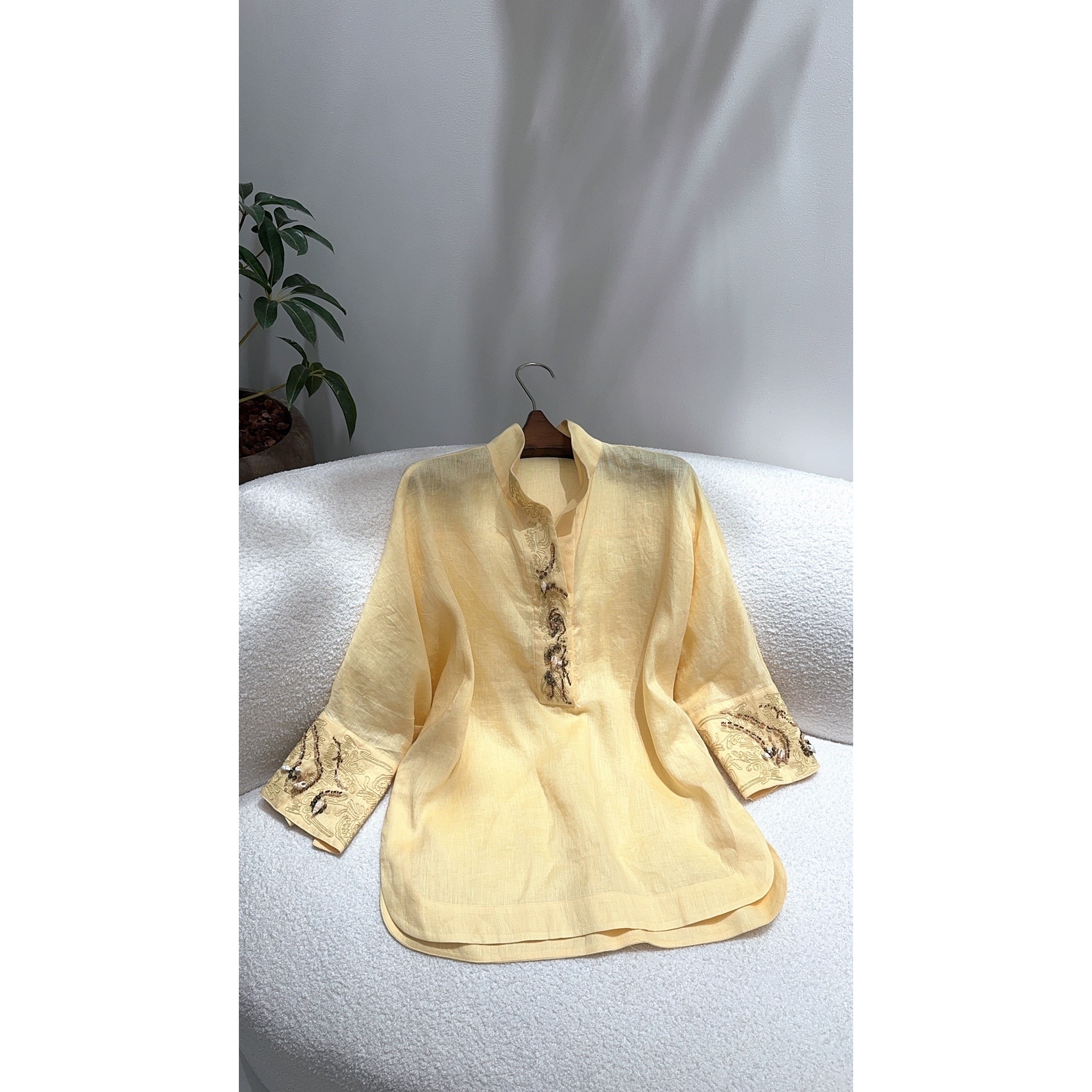 【25320】慵懒感亚麻上衣长袖衬衫气质印花衬衣设计感休闲衬衫 