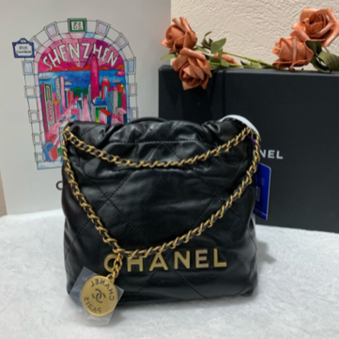 99新 Chanel/香奈儿 23B黑金牛皮22bag mini 链条包