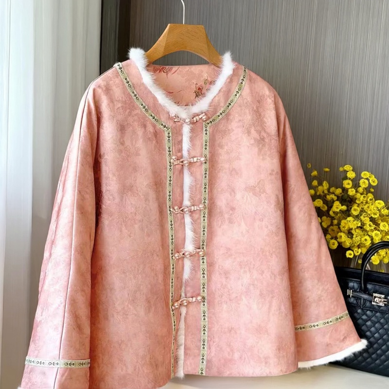 新中式水貂毛绒拼接渐变90羽绒服盘扣立领白鸭绒外套粉色棉袄760