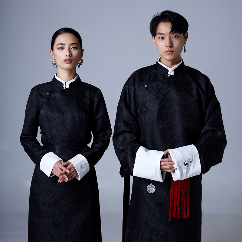 拉克松复古云海.海浪纹假两件立领藏袍西藏服情侣藏装男藏式正装