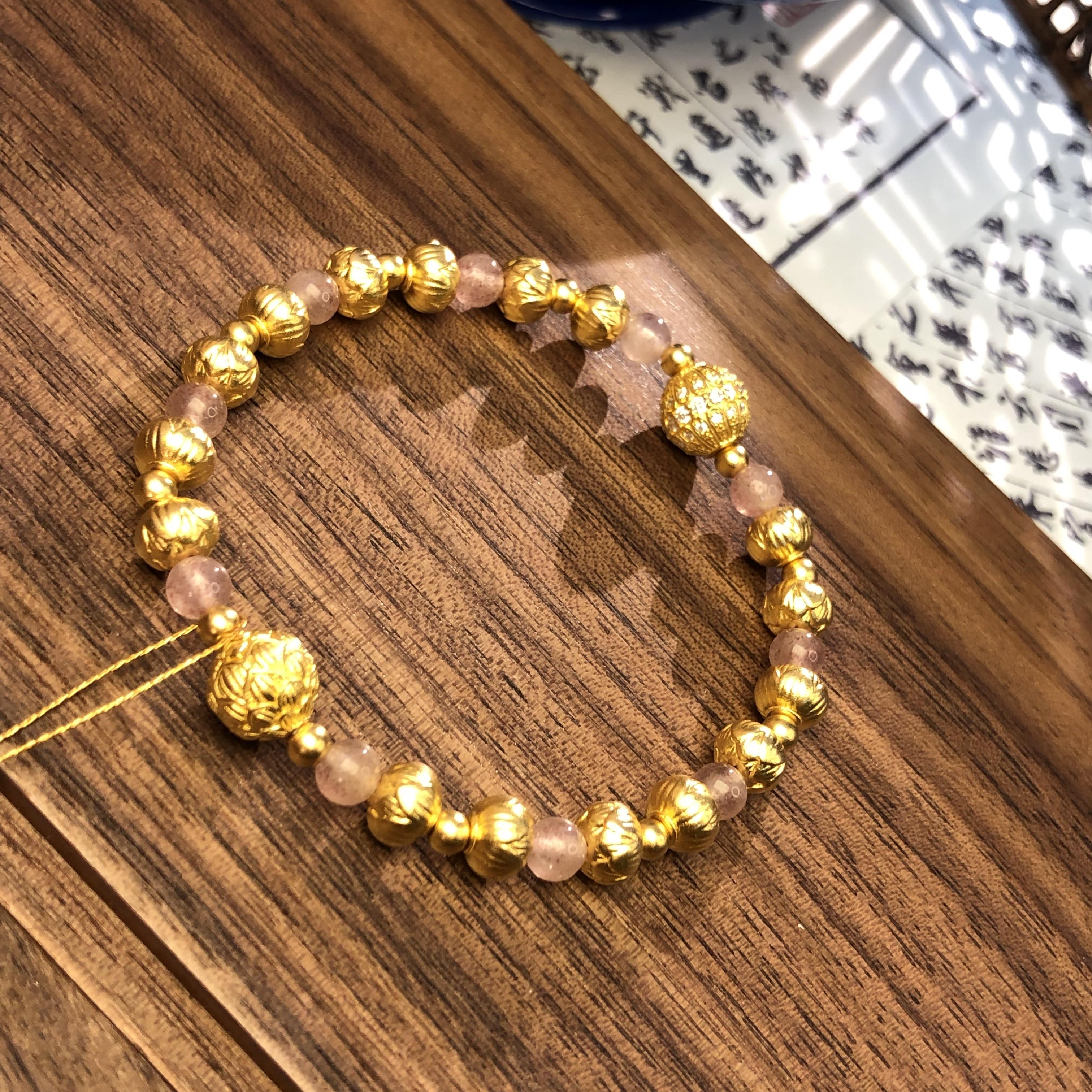 黄金足金999古法点钻隔金珠莲花步步莲手串手錬