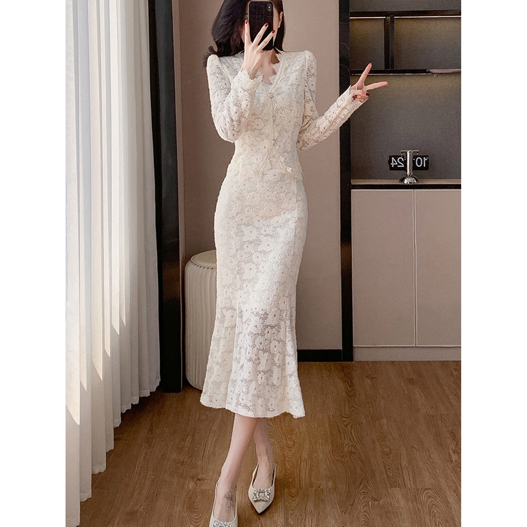 春秋新款赫本小香风时尚气质V领长袖包臀鱼尾连衣裙两件套外贸款