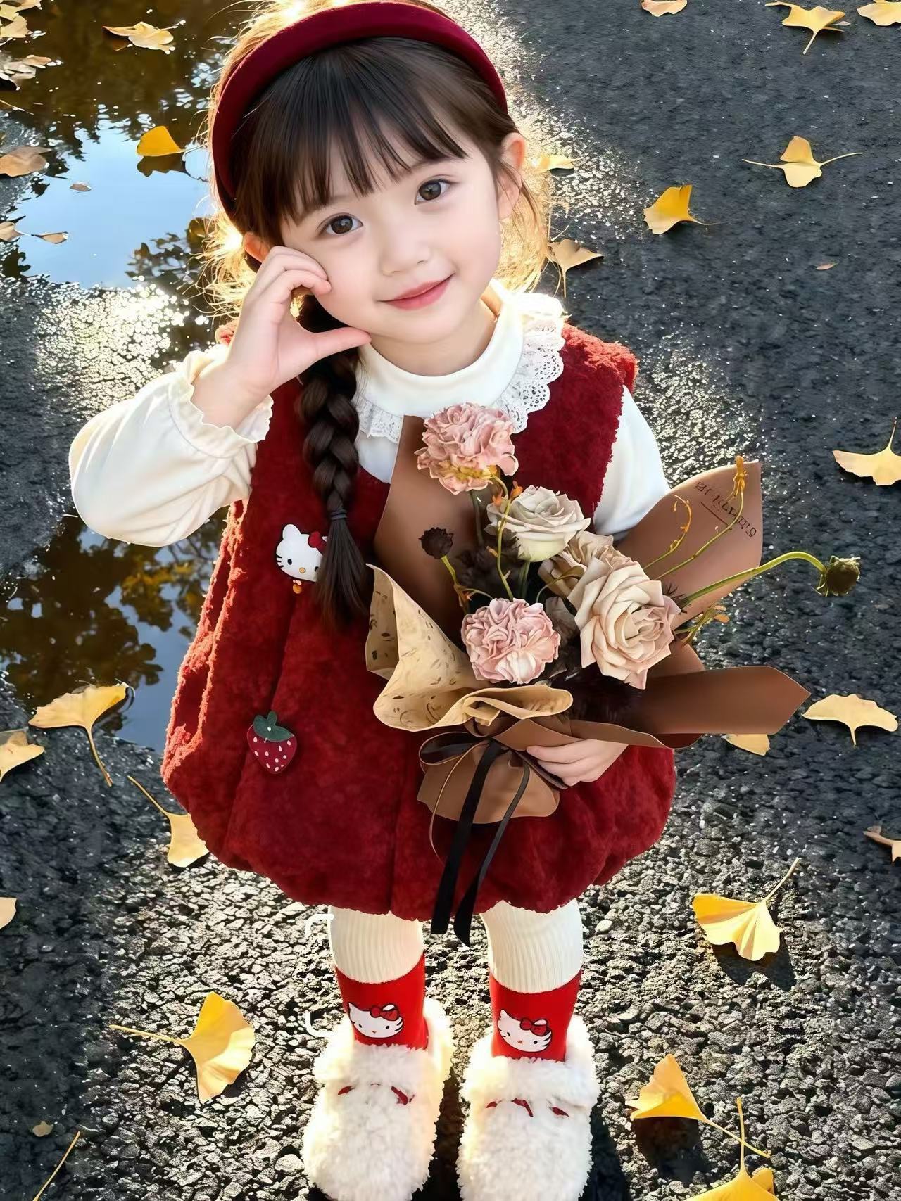 女童加厚冬季连衣裙套装新款洋气女宝宝红色周岁礼服生日背心裙潮