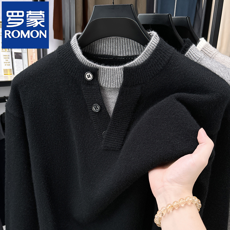 罗蒙秋冬季新款男士时尚假两件打底衫保暖亲肤针织衫休闲商务毛衣