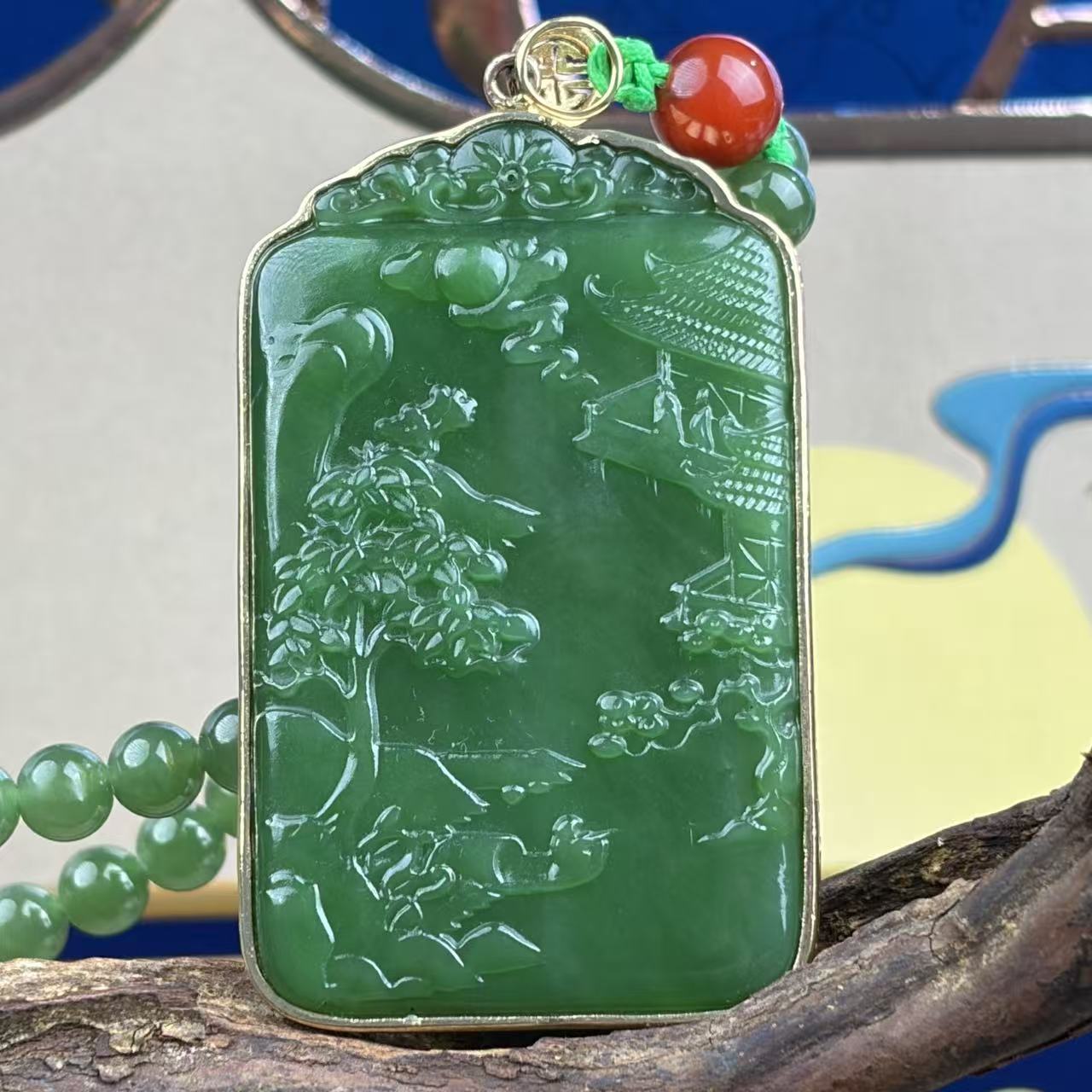 碧绿山水方牌吊坠D032