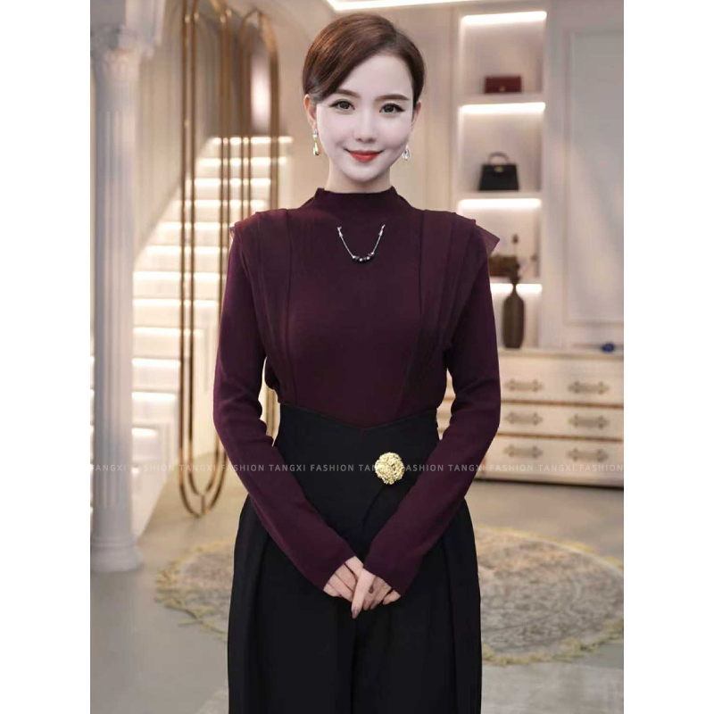 2026秋冬新款【8416】含绵羊毛针织衫网纱拼接酒红色修身百搭毛衣