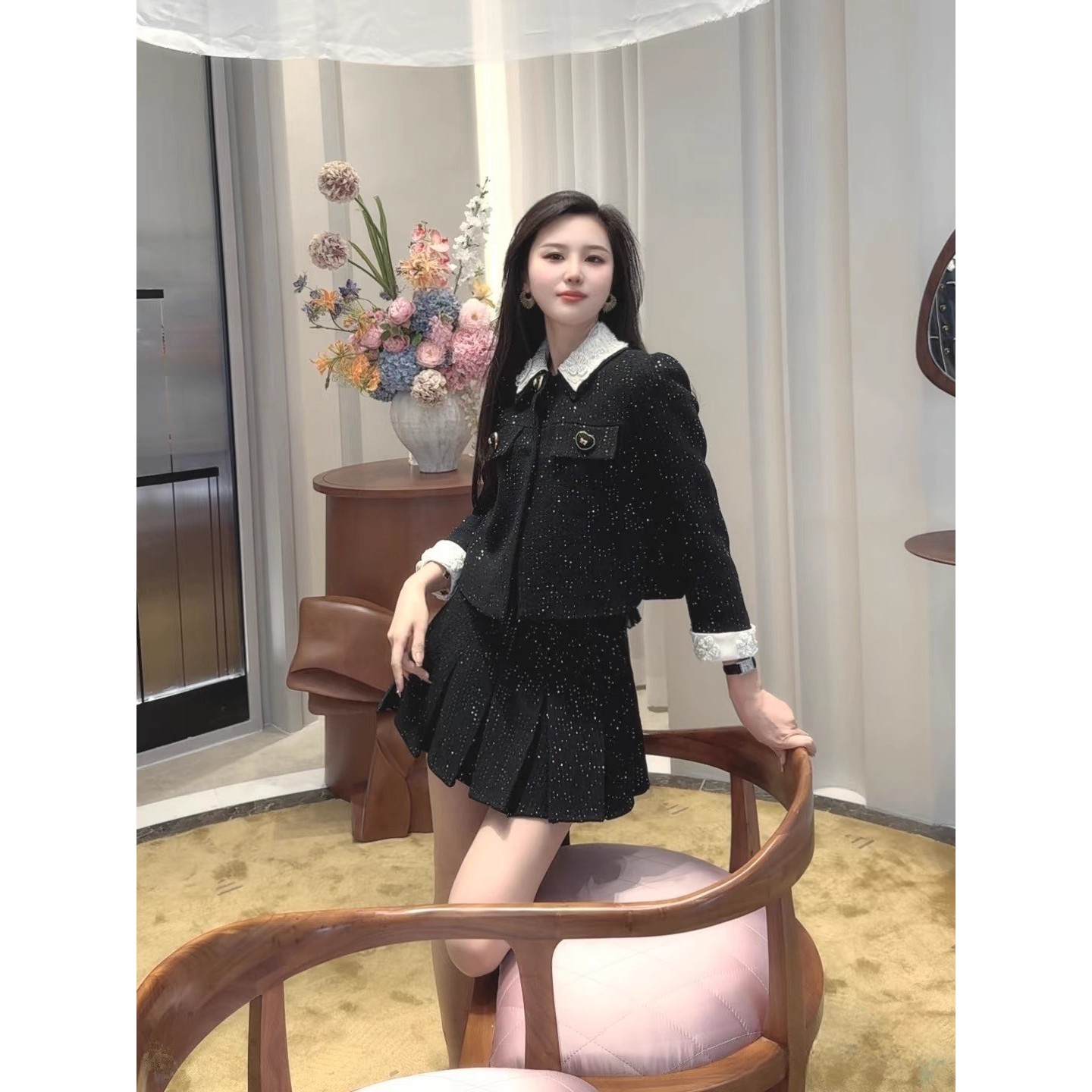 LIULIU（法式小香风）高级感黑色刺绣翻领气质小香风短外套半裙套装