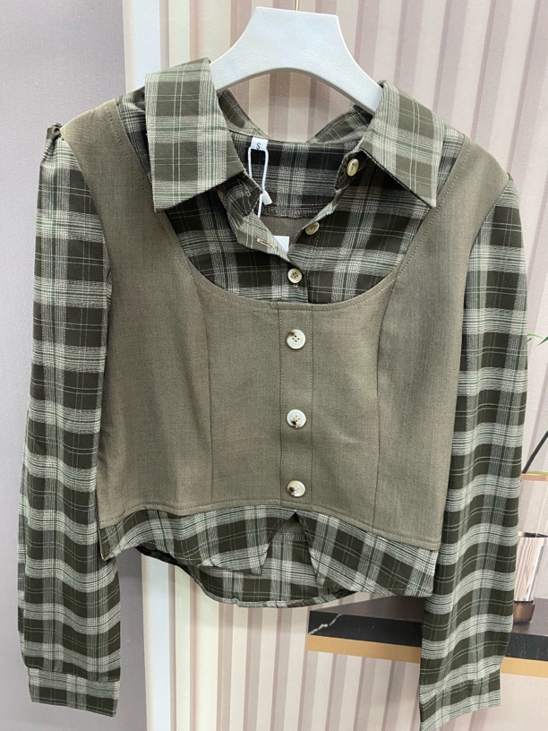 #S6 2025春秋百搭韩式减龄格子长袖衬衫欧货新款时尚休闲风两件套