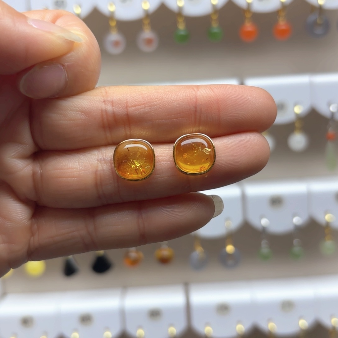 琥珀（花珀）耳饰银S925镶嵌