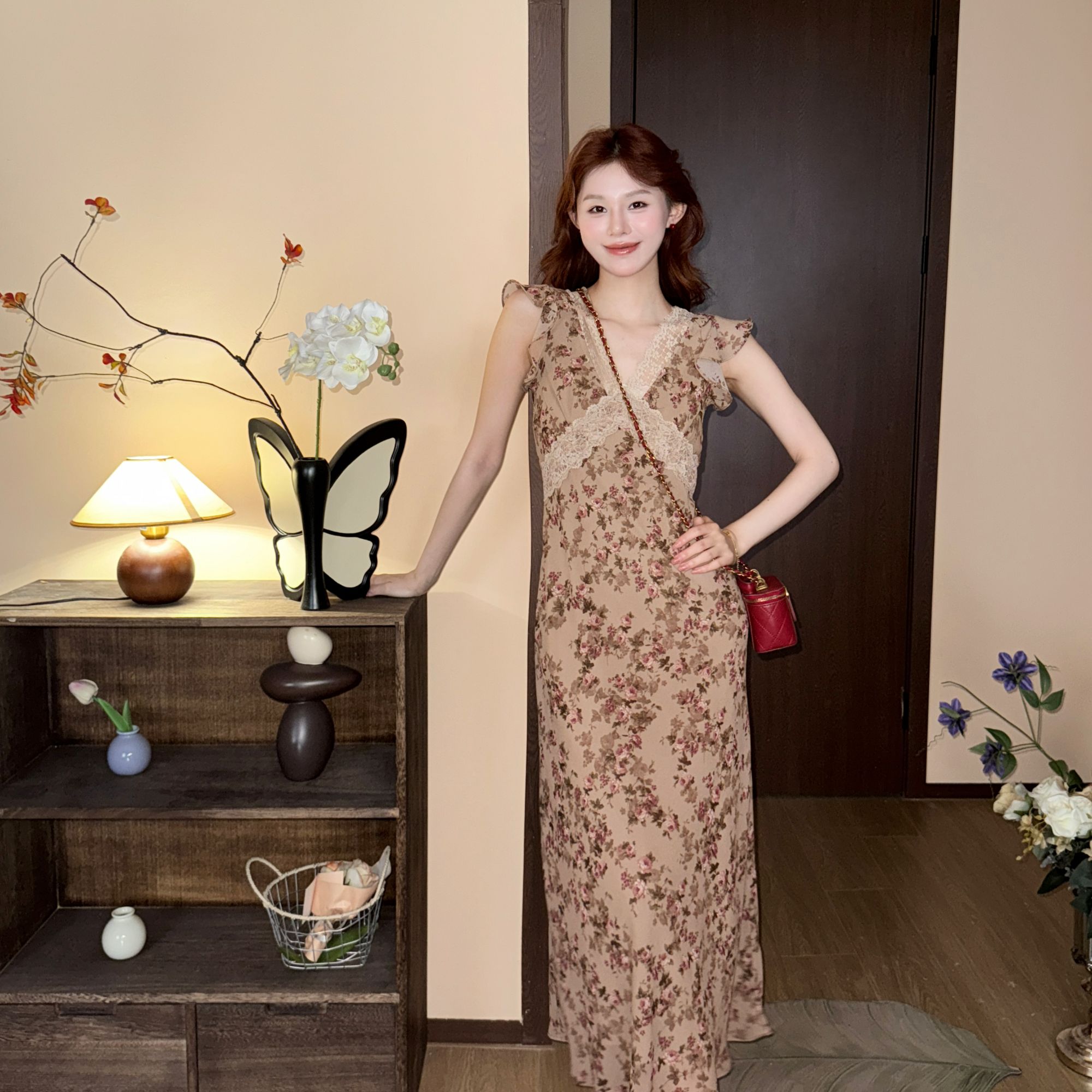1【咖啡香草】 斜裁 气质 显瘦 时尚 美静在这花色连衣裙XMZH8650