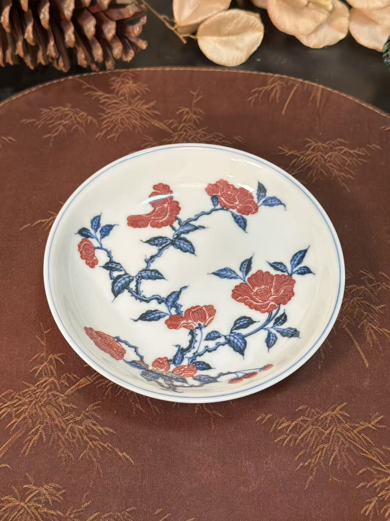 勤义堂 青花釉里红山茶花壶承