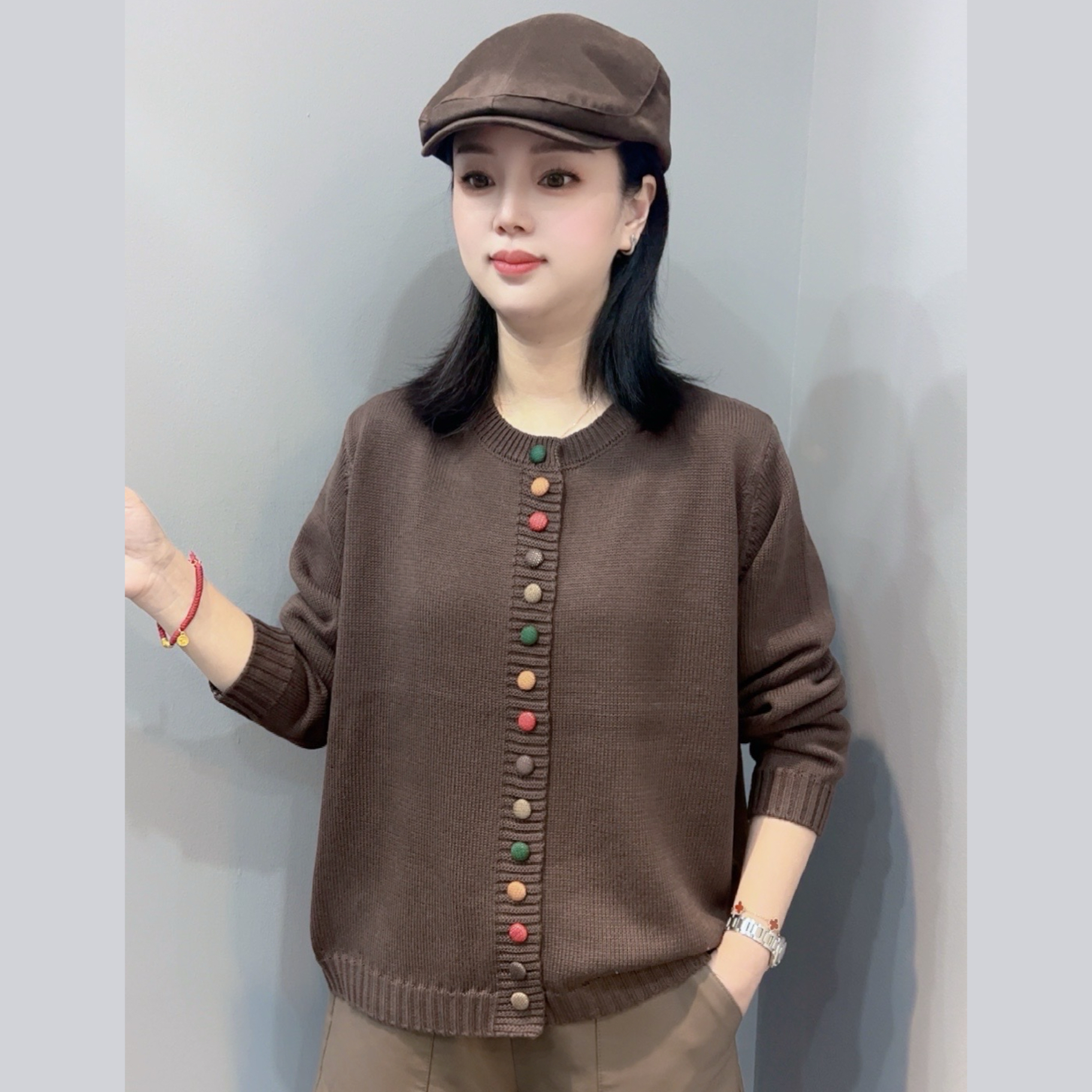 25秋季新款手工彩色包扣显瘦棉线针织开衫上衣外套