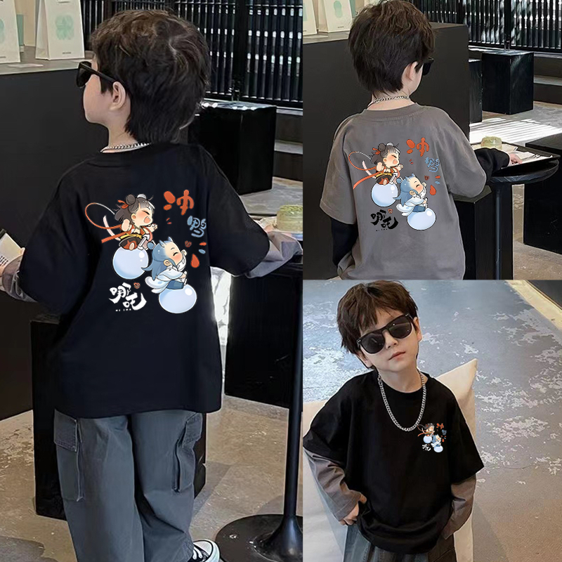 哪吒T恤儿童长袖哪吒新款纯棉长袖T恤宝宝打底男女童秋季卡通衣服