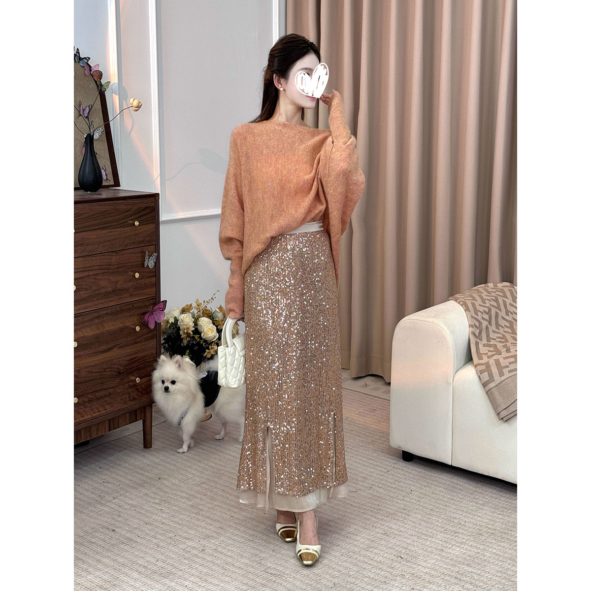 【3765】甜美温柔风宽松长袖圆领针织衫上衣女半身裙两件套装