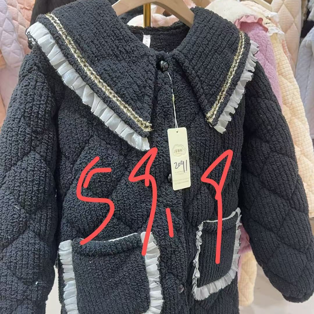 2091黑色蕾丝边尖领女士冬季家居服套装