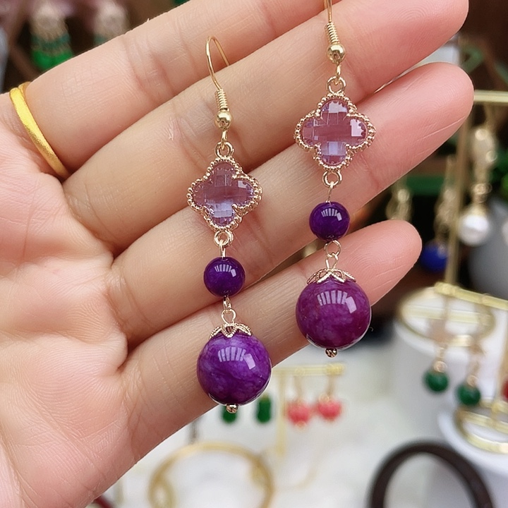 石英质玉耳钉合金紫色双珠新