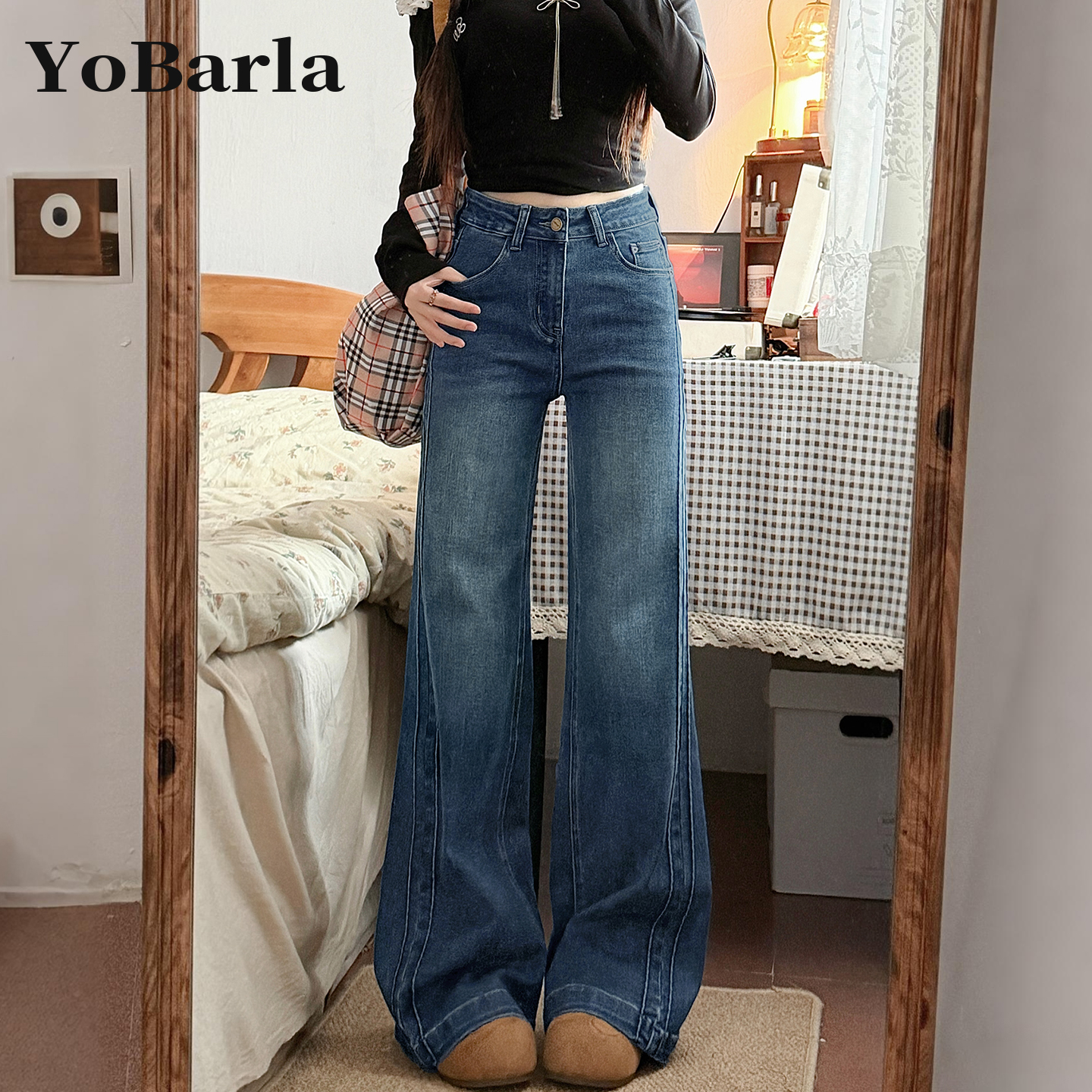 复古高腰不贴腿微喇牛仔裤女秋冬新款胖mm大码显瘦弹力喇叭马蹄裤