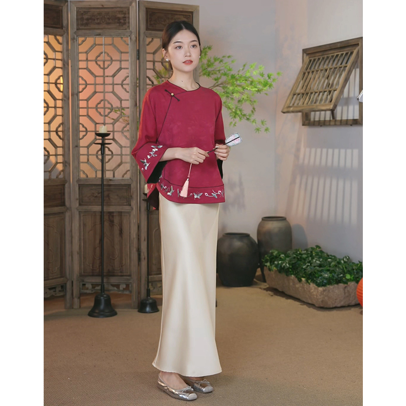 勾丝-【婵娟】良辰媄锦桑蚕丝红云纱中式国风上衣衣长约64CM