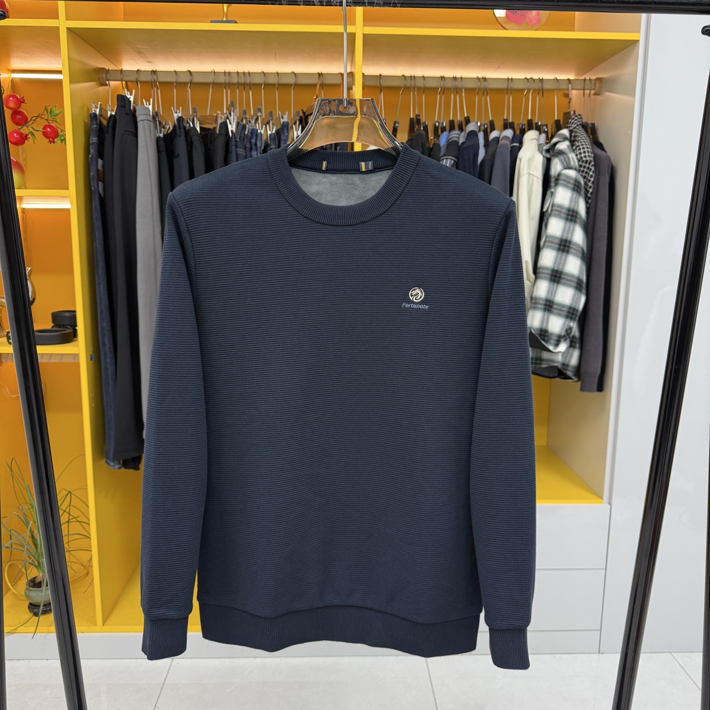 L556冬季男士华夫格加绒卫衣纯色圆领刺绣设计保暖套头针织衫上衣