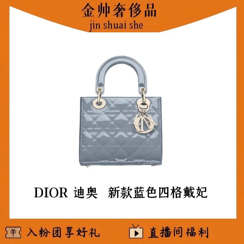 99新 DIOR/迪奥 新款/蓝色/漆皮/四格戴妃/手提/单肩包B5753