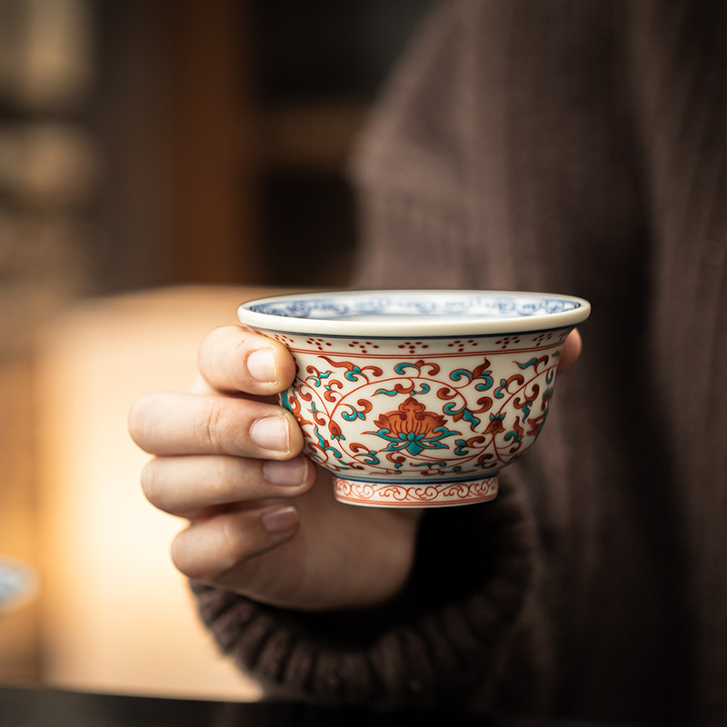 中式复古陶瓷家用主人杯青花釉里红压手杯个人专用喝茶杯缠枝莲