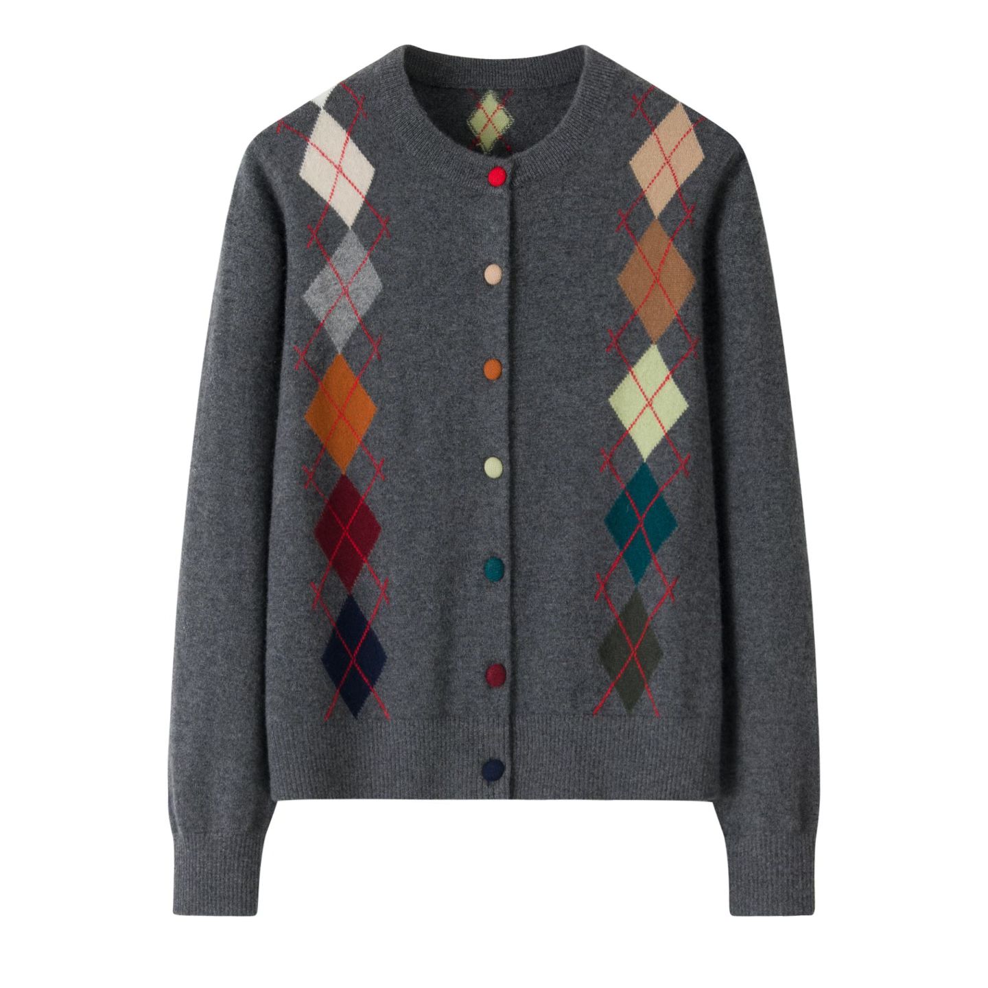 纯山羊绒女圆领开衫菱形格植物花卉气质款羊绒针织打底衫