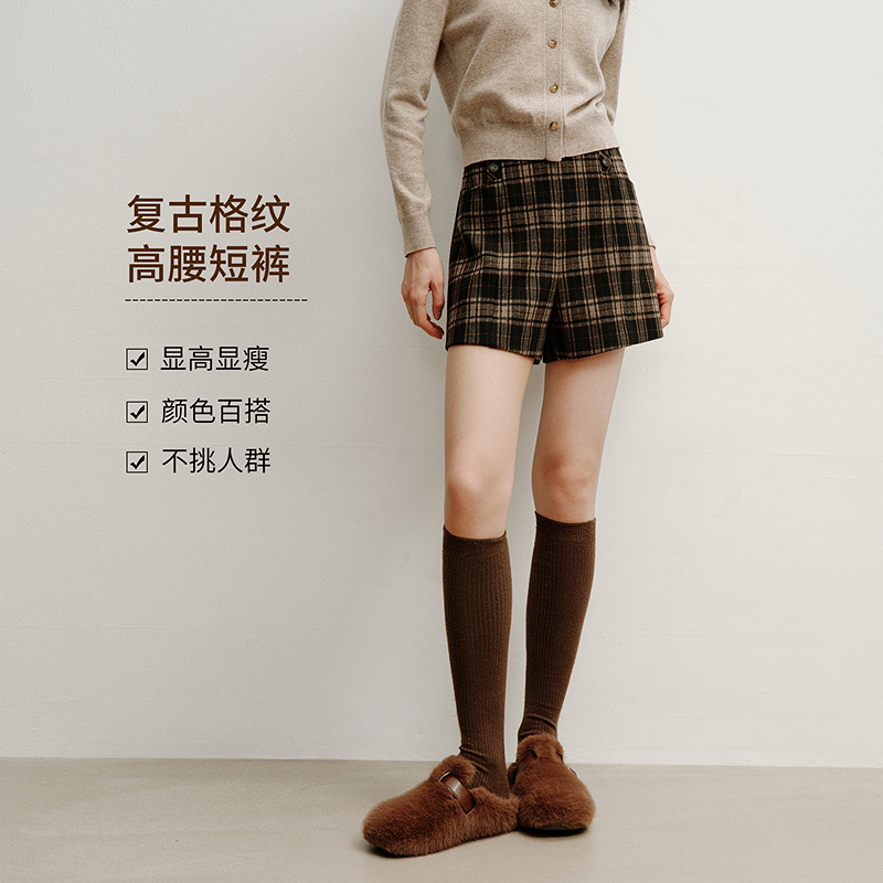 经典格纹高腰短裤女2025年冬装新款显高显瘦复古直筒裤子