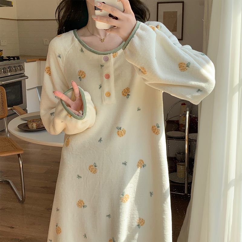 牛奶绒睡裙女款秋冬季波点南瓜冬天加绒加厚法兰绒冬睡衣连衣裙子