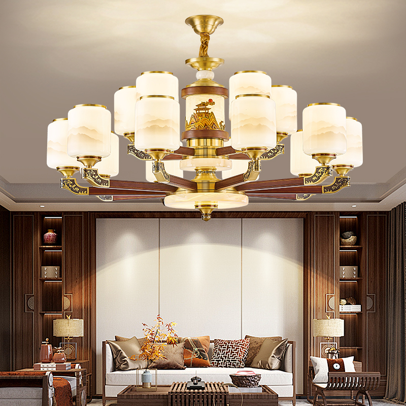 2025新中式江山凉亭客厅吊灯全铜玉石餐厅灯中国风高端大气灯具