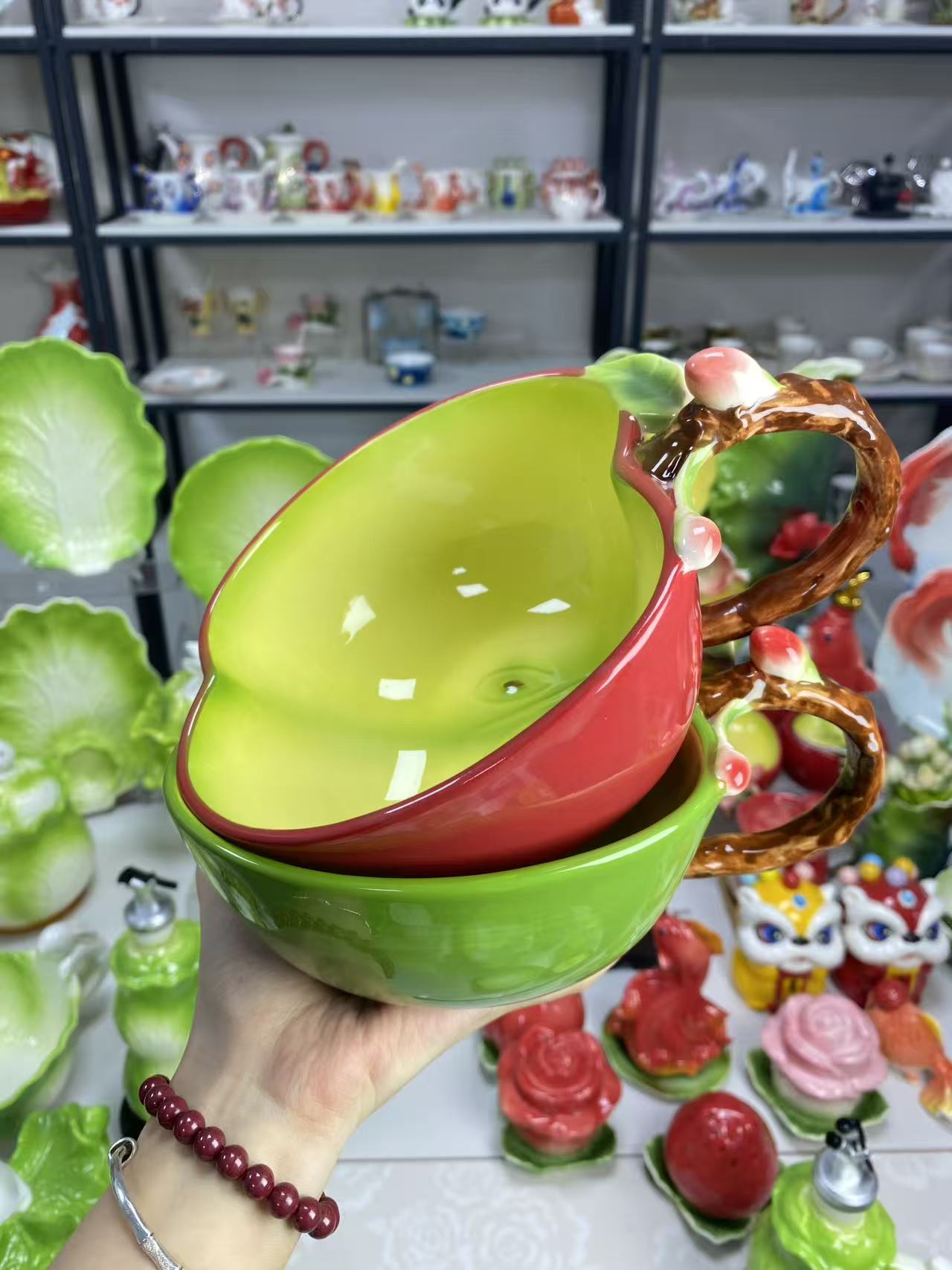 珐琅彩 苹果6.3寸泡面碗家用高颜值苹果手柄碗  吃面碗沙拉水果碗