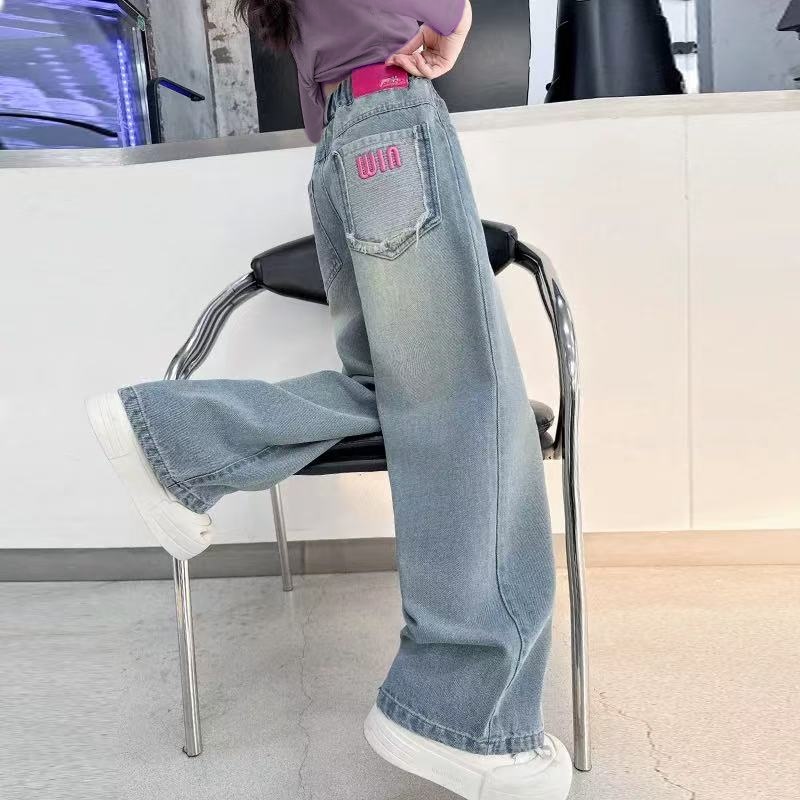 女童牛仔裤春装中大儿童2025新款春秋阔腿裤女大童春季刺绣直筒裤
