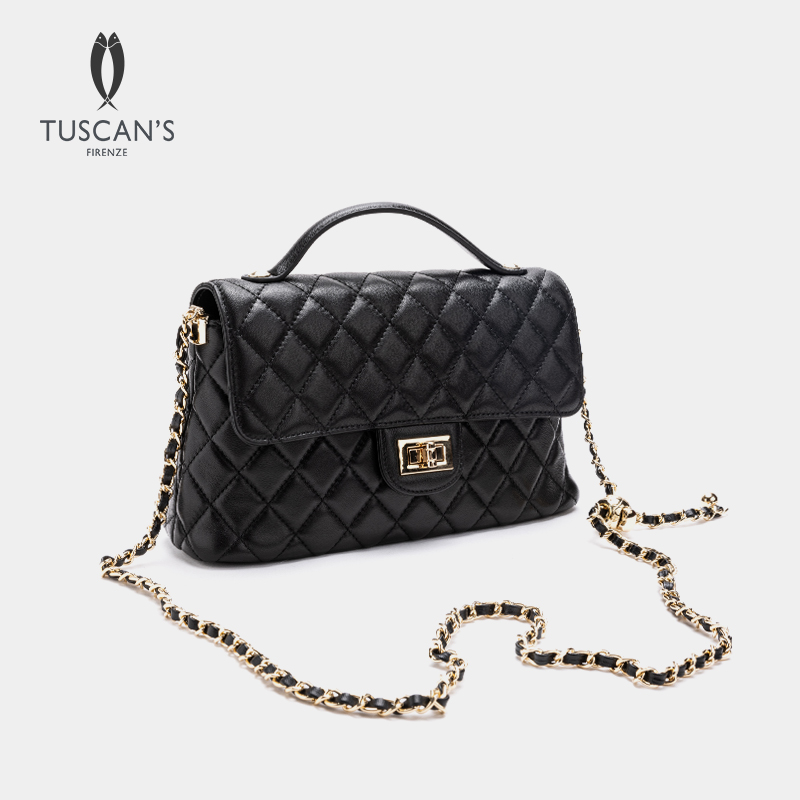 TUSCAN'S羊皮小香风时尚黑色菱格包经典单肩包女士金球链条手提包