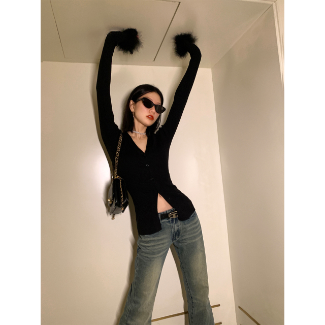 性感V领针织衫女春秋毛毛袖修身收腰简约开衫毛衣内搭上衣打底衫