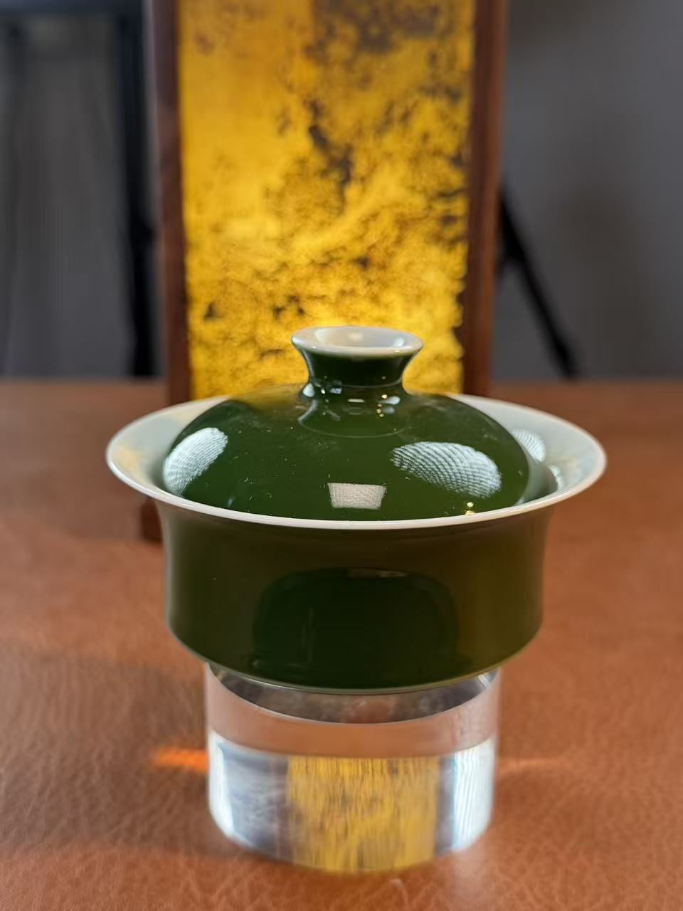 A366 【蜕观堂】 景德镇手工手绘翡翠绿釉马蹄盖碗 120ml