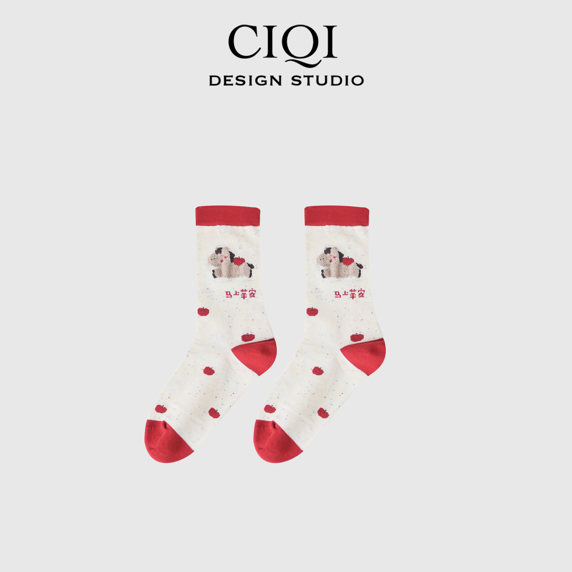 CIQI STUDIO【马上平安】红色费尔岛本命年大红中筒堆堆袜PS30168