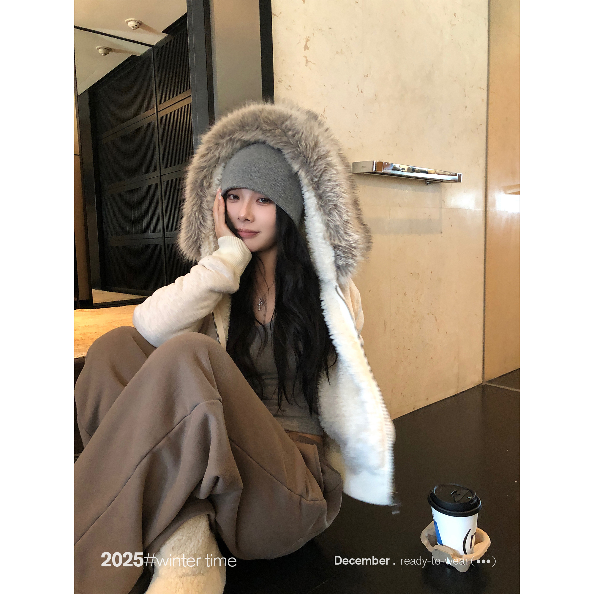 SUNONEONE 可拆卸毛领连帽卫衣开衫女冬美式短款保暖外套H1634C