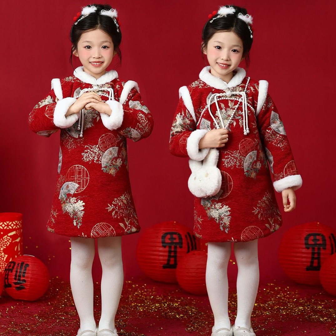 元旦儿童演出服喜庆服女童拜年服幼儿园舞蹈表演服装新年中国风