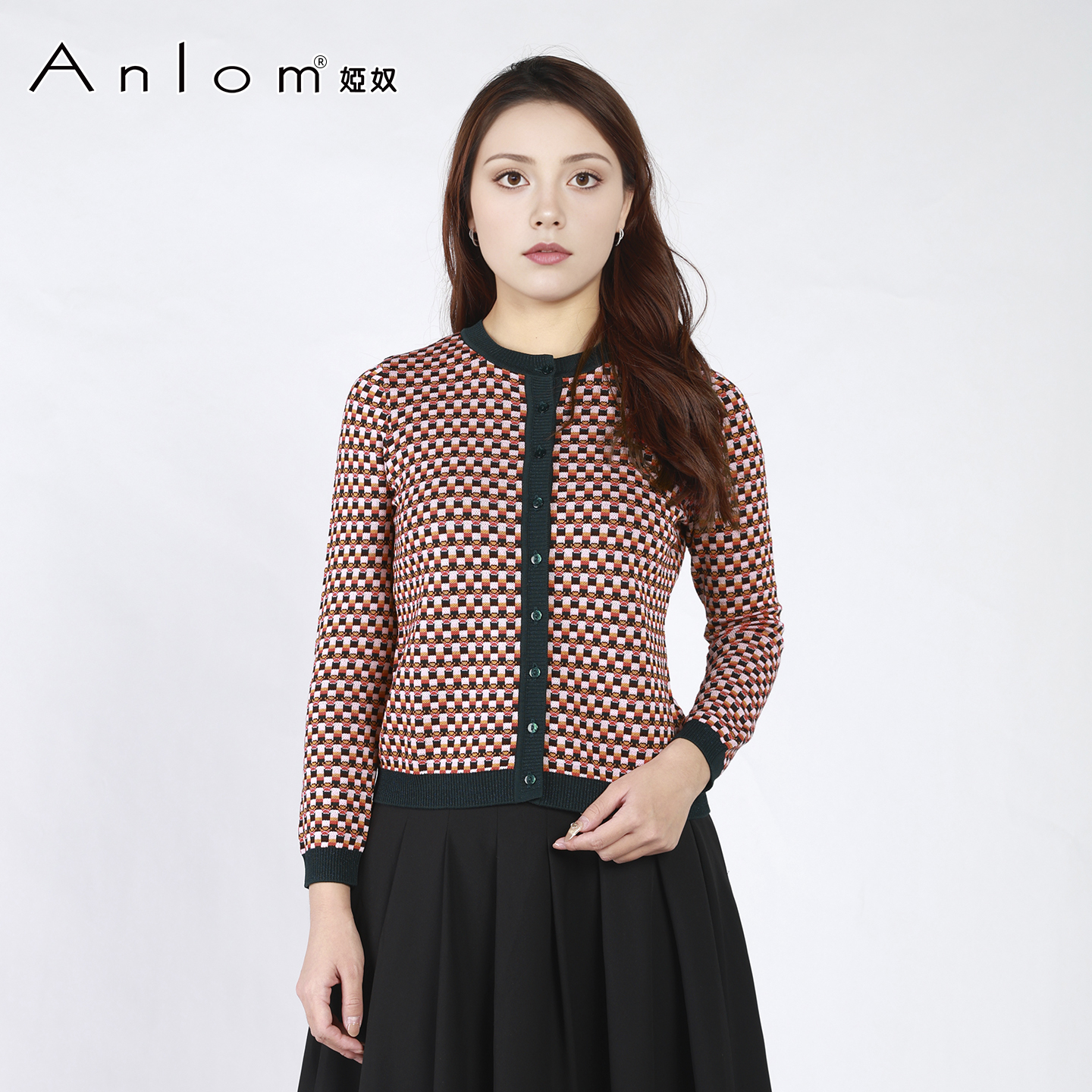 Anlom/娅奴小香风针织开衫外套时髦外穿内搭菱格上衣