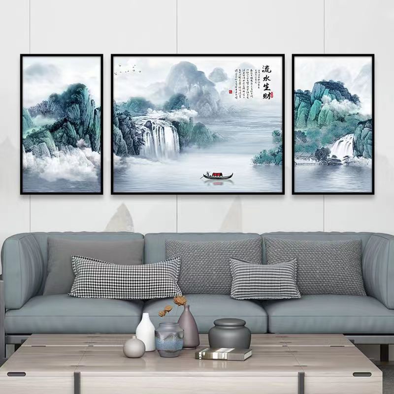Z203【流水生财】客厅装饰画三联画挂画大气山水新居经典壁画