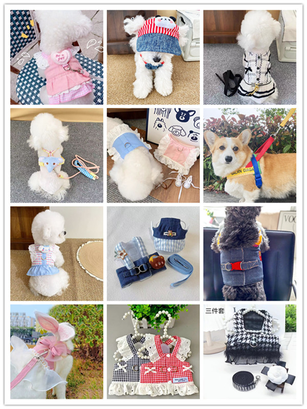 综合宠物狗狗春夏胸背短款牵引绳猫狗衣服小熊牛仔胸背可爱牵引绳