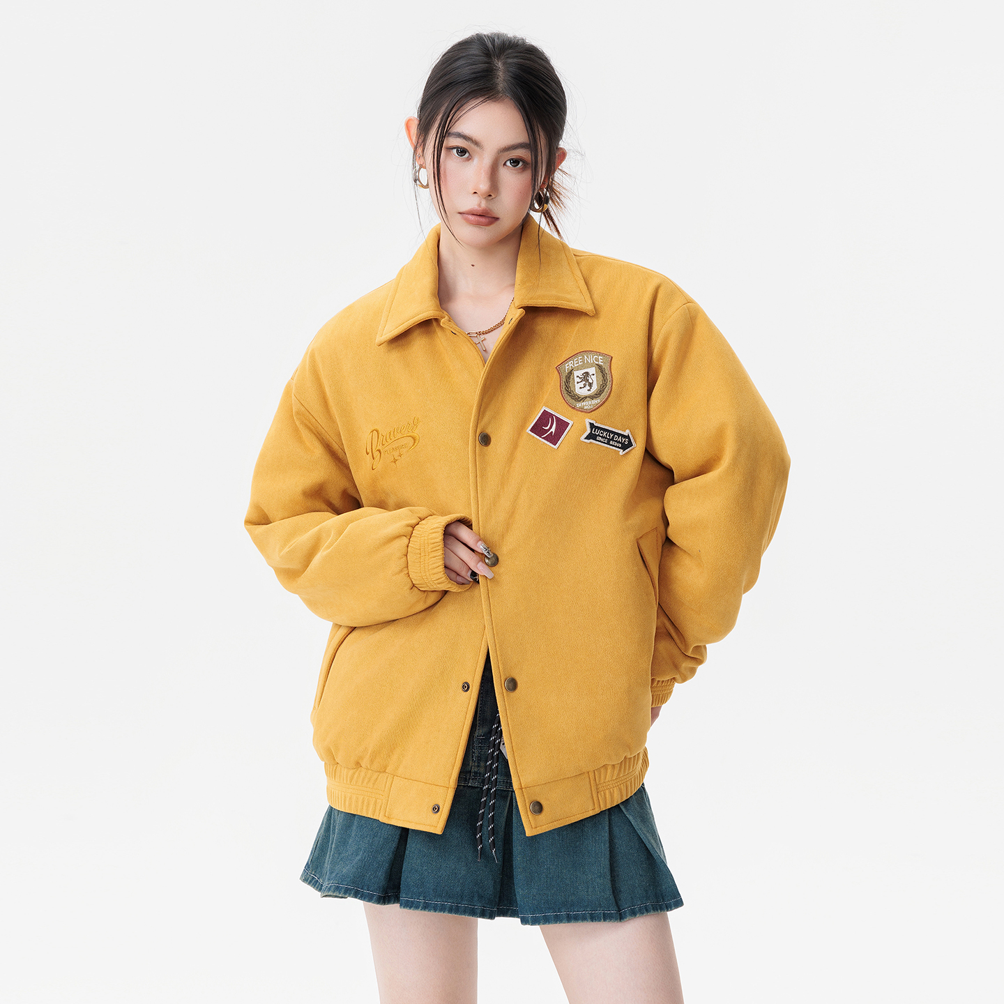 美式复古仿麂皮绒质感棉服重工刺绣拼接加棉加厚翻领夹克男女同款