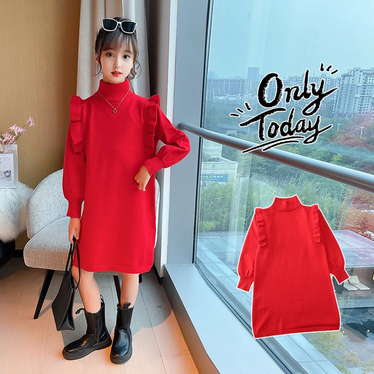 2025新款爆款-年货款花边袖连衣裙裙子现货红色裙子.