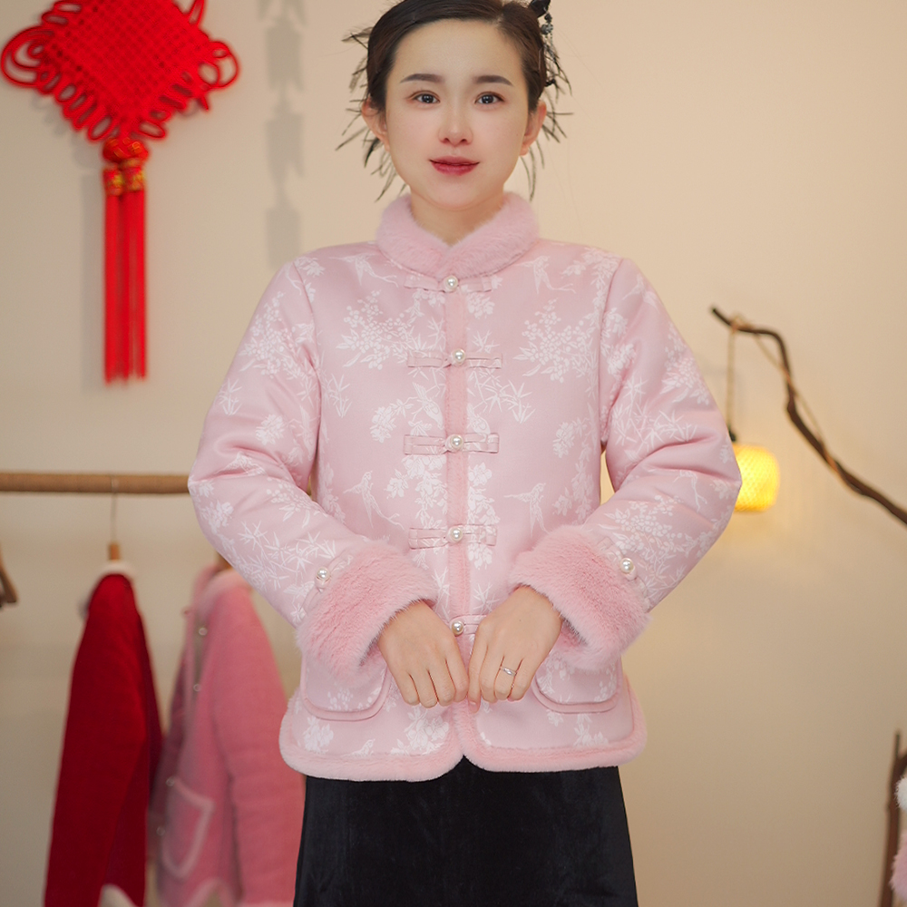 喜上眉梢冬季中式复古中国风正襟盘扣加绒加厚时尚保暖女棉服