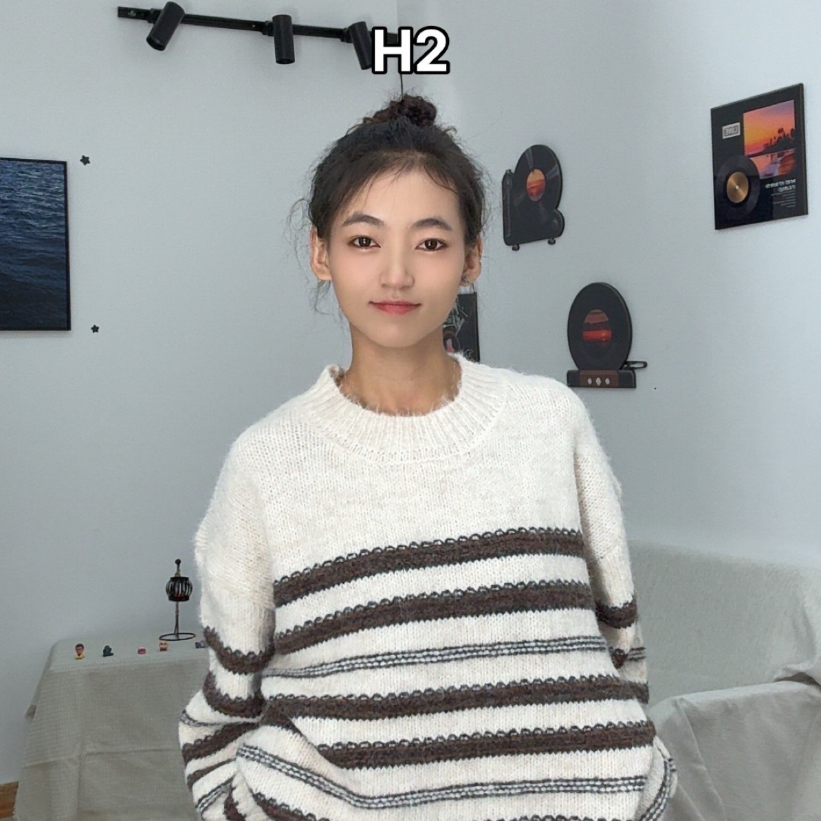 【H2】冬季条纹休闲风法式针织毛针织衫毛衣慵懒风休闲上衣
