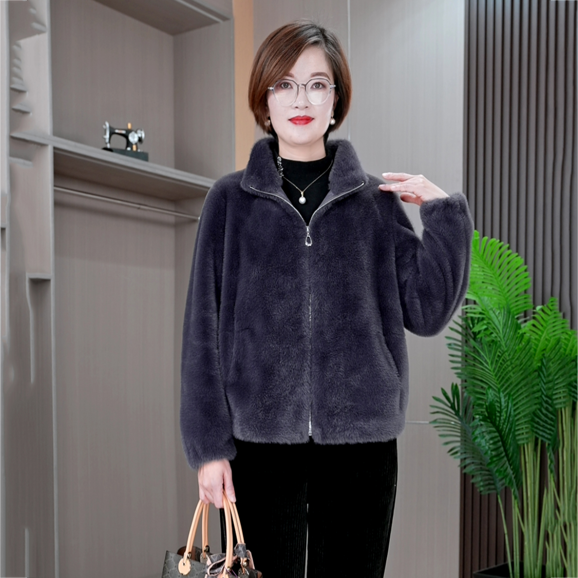 恩狐休闲短款外套冬季皮毛一体开衫时尚百搭加厚保暖女装