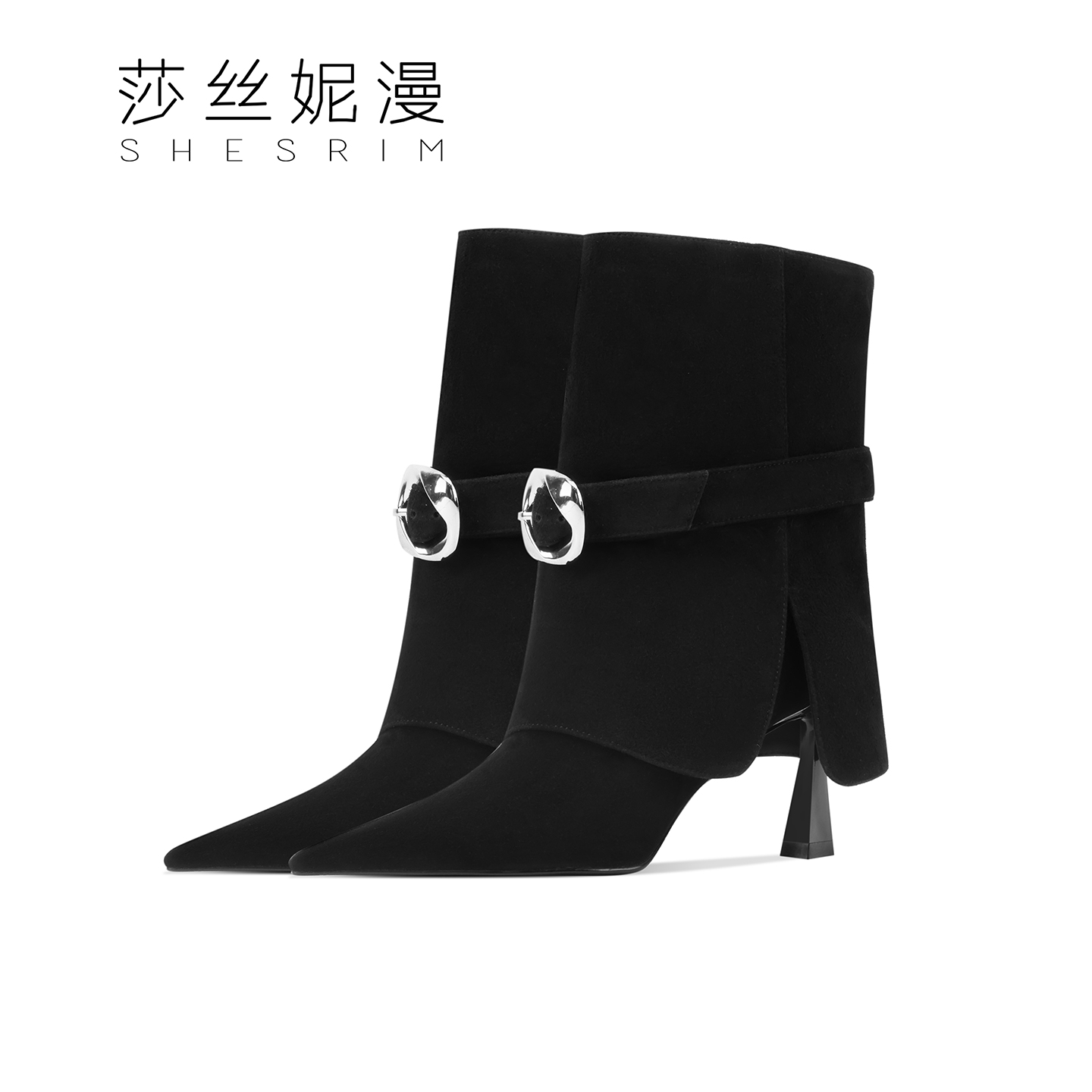 7.5CM高跟冬季尖头气质显瘦短靴皮带扣裤管网红靴黑色杏色