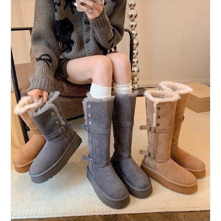【雪国列车】灰厚底保暖雪地靴长筒冬季新款铆钉皮带扣加厚毛毛棉鞋