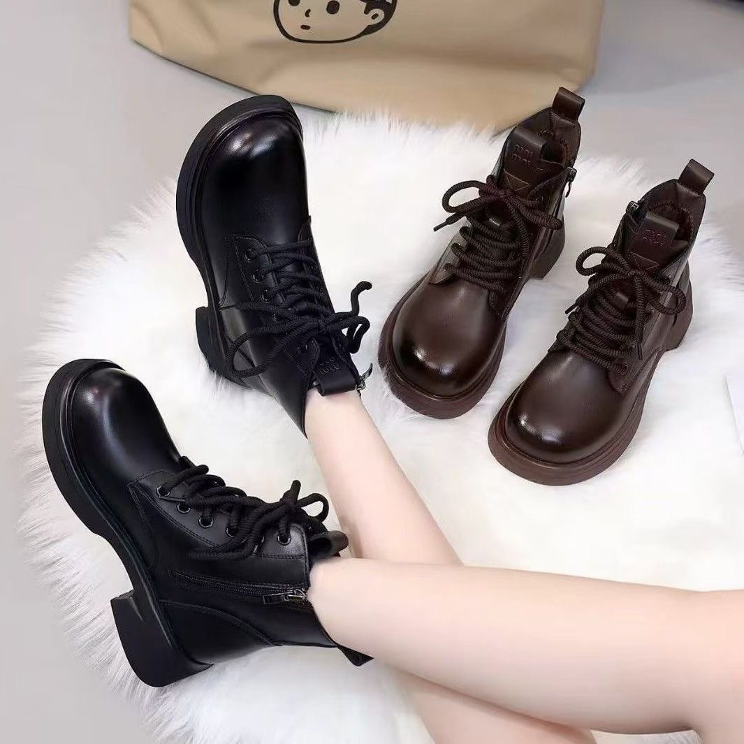 【悠悠5】真皮马丁靴女平底棉鞋2025秋冬加绒百搭中年女靴厚底短靴