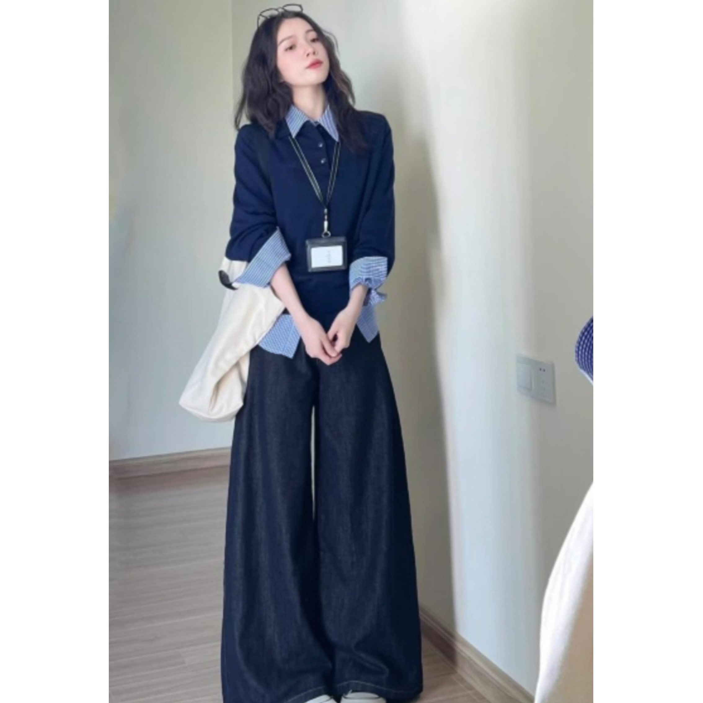 美式原牛ins风阔腿牛仔裤女百搭极简风老钱风蓝灰色加绒加厚牛仔